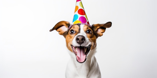 AI Generado AI Generativo Perro lindo y gracioso mascota en la celebración del sombrero de la fiesta de cumpleaños