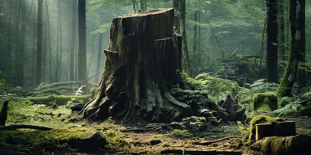 AI generado AI Generativo Tocón de madera en el bosque de la selva Naturaleza paisaje al aire libre fondo Arte gráfico Ilustración