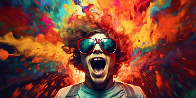 AI generado AI generativo vibrante multi-color explosión holi boom de polvo con retrato de hombre guapo con gafas de sol Ilustración de arte gráfico