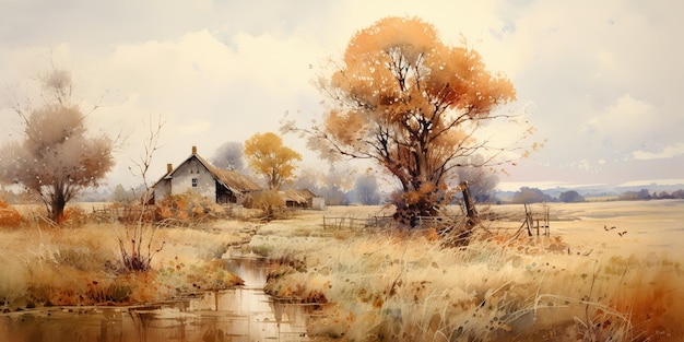 AI generado AI generativo Vintage retro pintura vieja dibujo antigua granja rústica cosecha campo aldea