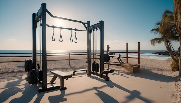 AI generado AI gimnasio al aire libre generativo en la playa