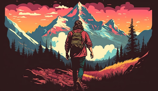 AI Generated AI Generative Adventure Outdoor-Natur-Motivationsplakat mit einem Mann, der vor einem Berg steht. Grafikkunst