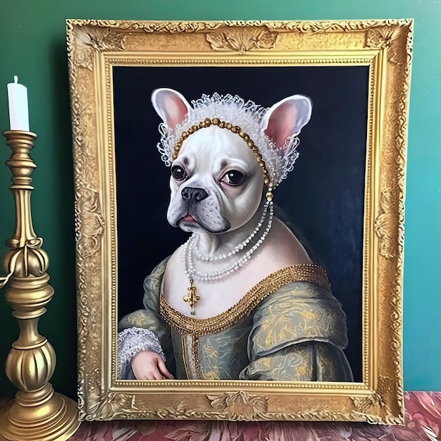 AI Generated AI Generative bulldog frenchie dog en la historia traje de tela renacentista Arte gráfico