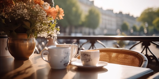 AI Generated AI Generative Decoração romântica aconchegante paris europa cafeteria no terraço