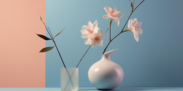 AI Generated AI Generative Decoración decorativa para el hogar con jarrón de flores cerca de la pared Hermosa maqueta de fondo de hogar interior de flor en estilo minimalista Arte gráfico