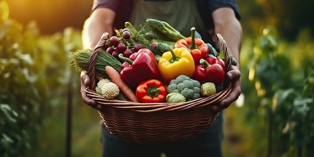AI Generated AI Generative Farmer cosecha manos sosteniendo verduras y frutas