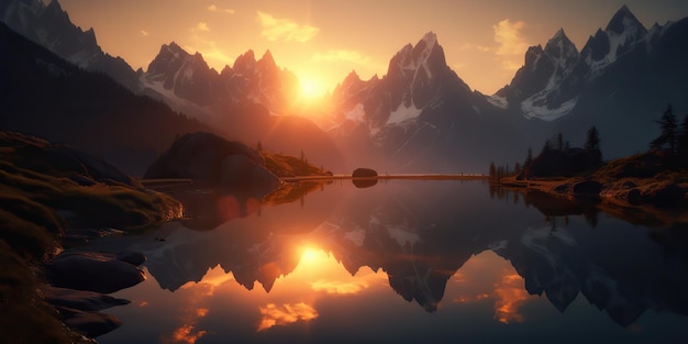 AI Generated AI Generative Hermosa foto de ilustración o puesta de sol en un lago de montaña Ambiente tranquilo de aventura