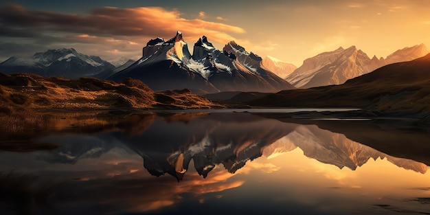 Foto ai generated ai generative hermosa foto de ilustración o puesta de sol en un lago de montaña ambiente tranquilo de aventura