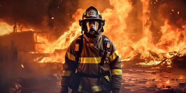 AI Generated AI Generative Ilustração da foto do bombeiro bombeiro homem departamento de resgate em incêndio queimar paisagem Perigoso trabalho duro do herói Arte Gráfica