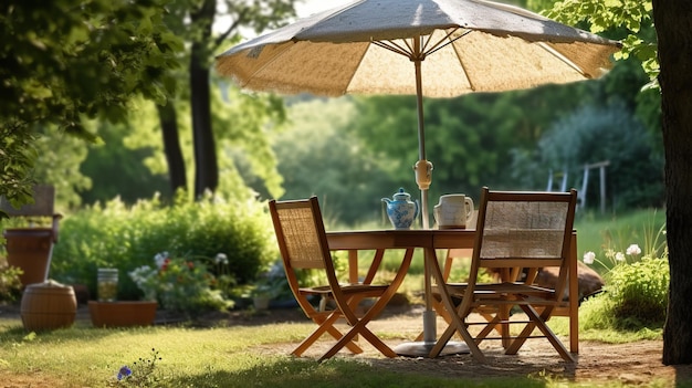 AI Generated AI Generative Mesa de piquenique de jardim de verão festa com guarda-chuva Jantar de café em família hora da europa Arte gráfica