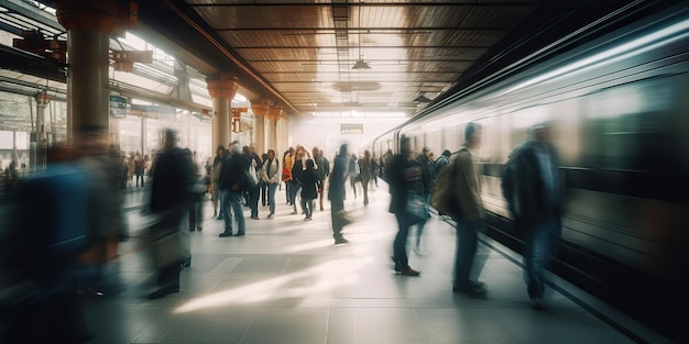 AI Generated AI Generative Multidão de pessoas na estação ferroviária na hora do rush Mover movimento Arte gráfica