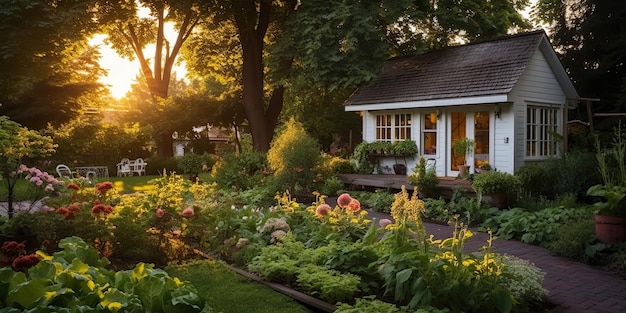 AI Generated AI Generative Nature Außenhausgarten mit gemütlichem Tisch und vielen Pflanzen