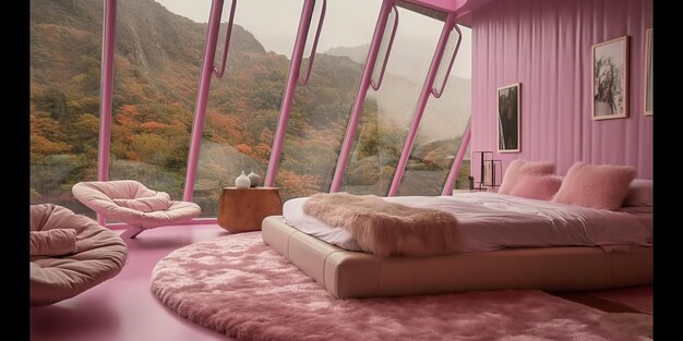 AI Generated AI Generative Pink dormitorio de lujo con vista de ventana en el bosque natural al aire libre