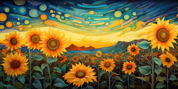 AI Generated AI Generative Retro ilustración del paisaje de campo de flores de sol de girasol