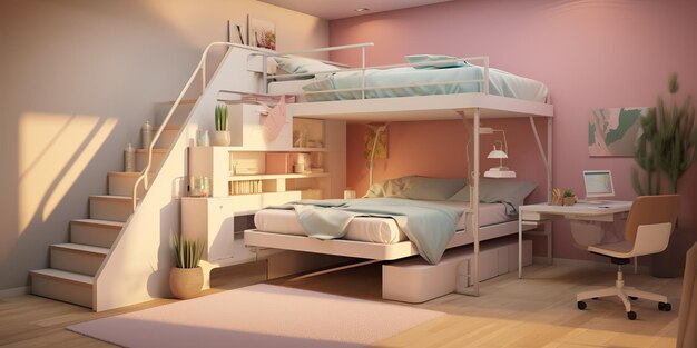 AI Generated AI Generative Sofr colores rosa dormitorio de niñas Acogedora decoración de la habitación interior