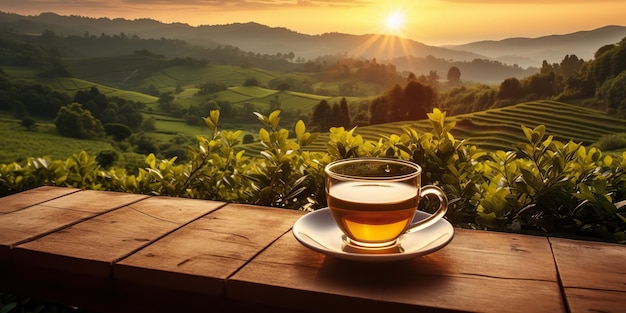 Foto ai generated ai generative taza de té verde con fondo de montaña de plantación verde de campo