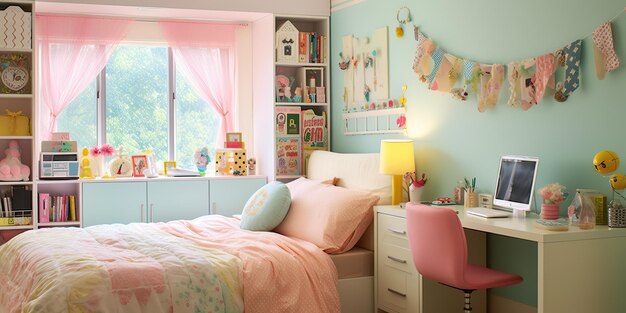 Ai generated ai generative teenager barbie feminino estilo rosa decoração design arquitetura quarto