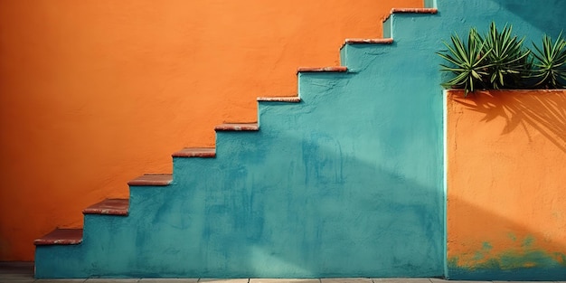 AI Generated AI Generative Vintage parede mexicana com escadas Cor laranja e azul Arte Gráfica