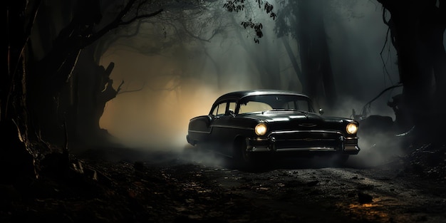 Foto ai generated ai generative vintage retro classic car on road mist fog forest tree naturaleza al aire libre