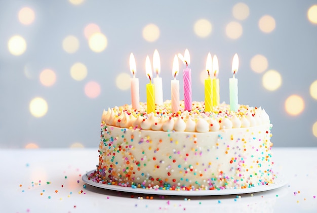 Ai generativ Geburtstagskuchen mit farbenfrohen Spränkeln und Kerzen auf hellem Pastell-Hintergrund