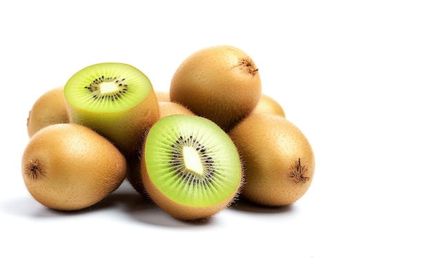 Ai generativ Reife ganze Kiwis und halbe Kiwis auf Weiß