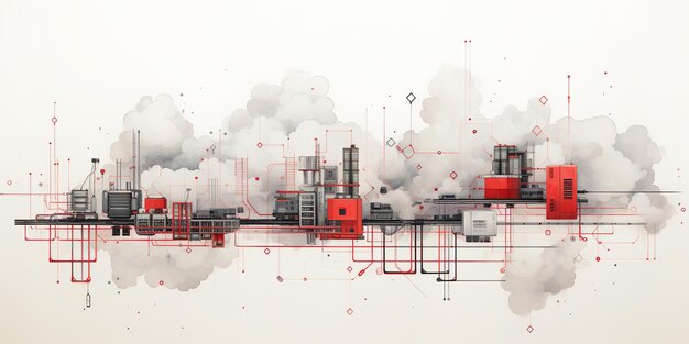 AI generativa Abstracto geométrico fábrica tubería industria acuarela y tinta fondo con nubes rojas y grises