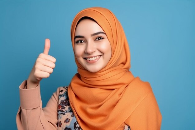 Foto ai generativa bella mujer musulmana en hijab que muestra el símbolo del corazón en un fondo de color naranja