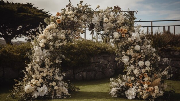 AI generativa Ceremonia de boda boho arco de estilo rústico con flores y plantas ramos de flores