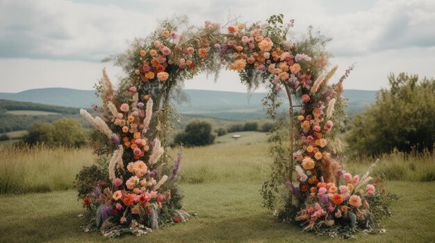 AI generativa Ceremonia de boda boho arco de estilo rústico con flores y plantas ramos de flores