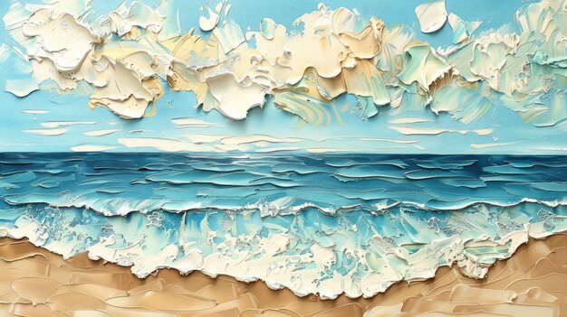 AI generativa Closeup de impasto abstracto paisaje marino áspero y playa colores azul blanco y beige