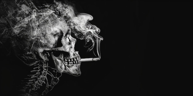 Foto ai generativa el cráneo humano está fumando en un fondo oscuro sin concepto de fumar