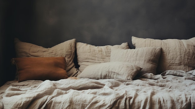 AI generativa Detalhe relaxante do quarto da cama com roupa de cama texturizada de linho natural cores estéticas neutras silenciadas