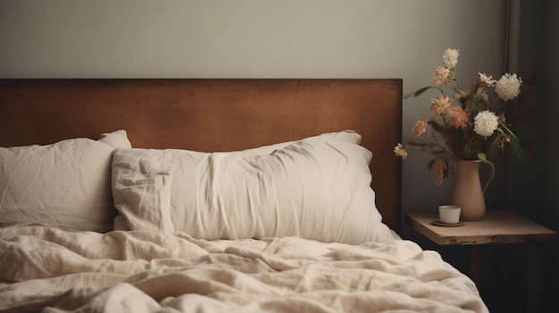 AI generativa Detalhe relaxante do quarto da cama com roupa de cama texturizada de linho natural cores estéticas neutras silenciadas