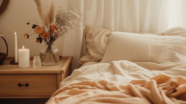 AI generativa Detalle relajante del dormitorio de la cama con ropa de cama texturizada de lino natural con colores estéticos neutros apagados