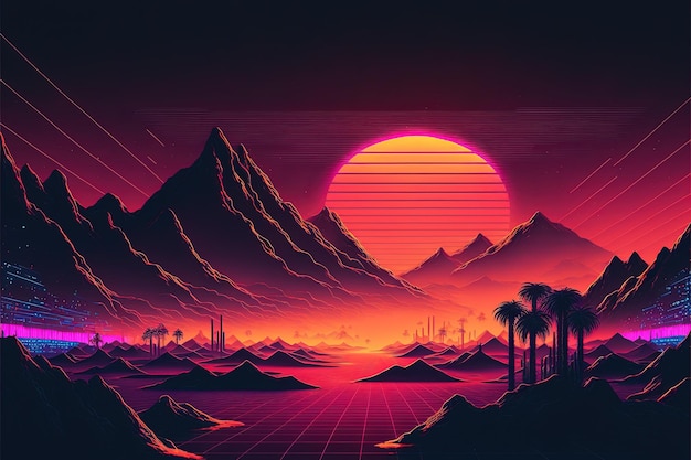 AI generativa Estilo retro nostálgico 80s 90s Paisaje nocturno atardecer colores scifi retrowave vintage