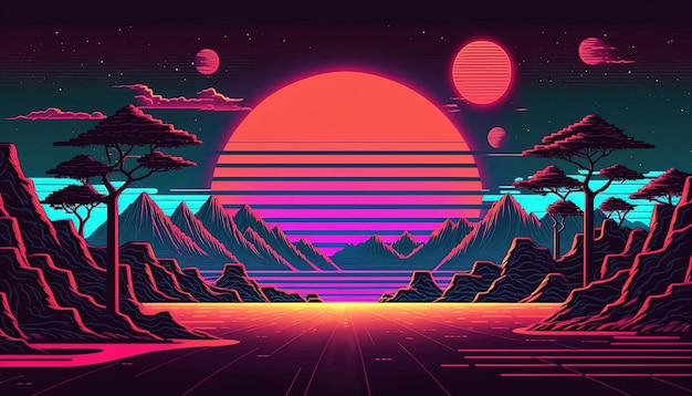 AI generativa Estilo retro nostálgico 80s 90s Paisaje nocturno atardecer colores scifi retrowave vintage