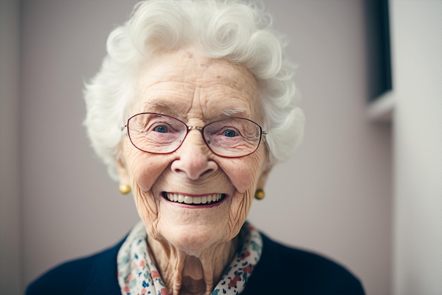 Ai generativa fecha o retrato de uma velha avó sorridente sênior