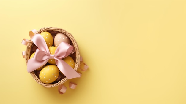 AI generativa feliz Easter flat lay Huevos de pollo de Pascua pintados de amarillo en una canasta de mimbre con un lazo rosa Fondo amarillo con espacio de copia vista superior