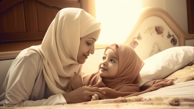 AI generativa feliz madre musulmana abrazando a su hija en la cama