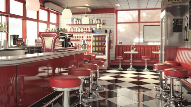 AI generativa Foto vintage de un café americano rojo diseño de interiores retro de los años 50x