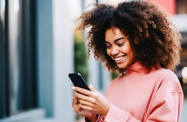 Ai generativa garota bonita sorrindo e olhando para o telefone móvel