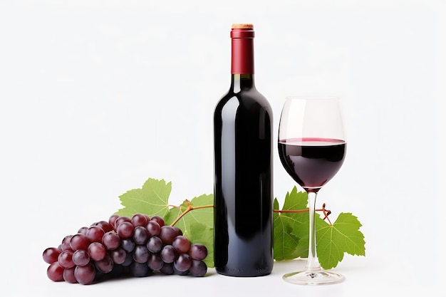 AI generativa Garrafa de vinho vermelho com uvas de vinho isoladas sobre fundo branco