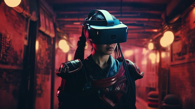 AI generativa hermosa persona asiática en traje de samurai en gafas VR en la calle del espacio de neón