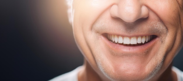 AI generativa hombre mayor boca o dientes sonriendo higiene o limpieza dental servicio cosmético