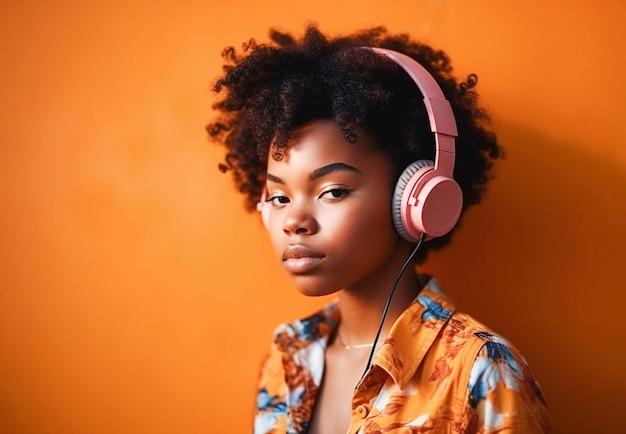 Foto ai generativa jovem garota feliz ouvindo música em fones de ouvido