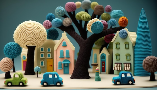 AI generativa linda calle hecha de ganchillo casas árboles autos de carretera Colores suaves escena de ensueño
