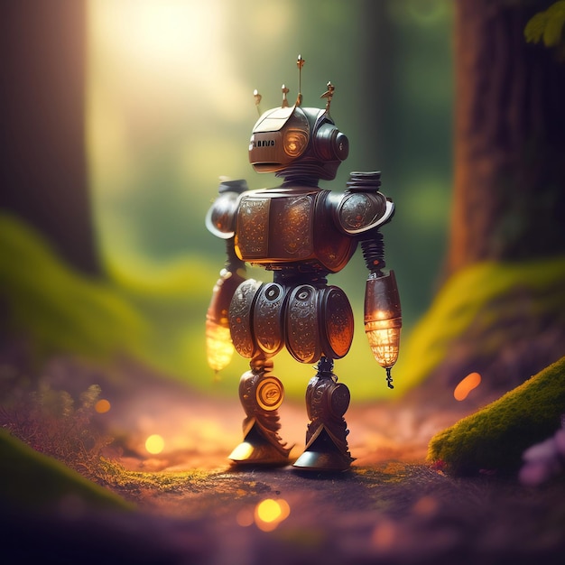 AI generativa Lindo y pequeño robot ayudante con inteligencia artificial en el bosque