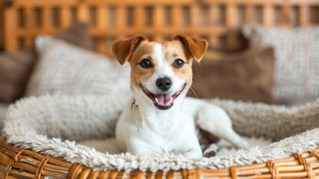 AI generativa lindo perro feliz en una cama acogedora en un hotel especializado en mascotas