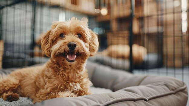 AI generativa lindo perro feliz en una cama acogedora en un hotel especializado en mascotas