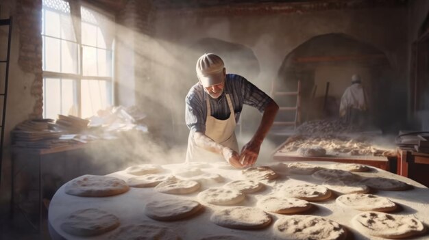 AI generativa Manos de panadero en restaurante o cocina casera prepara bollería ecológicamente naturalx9or pan